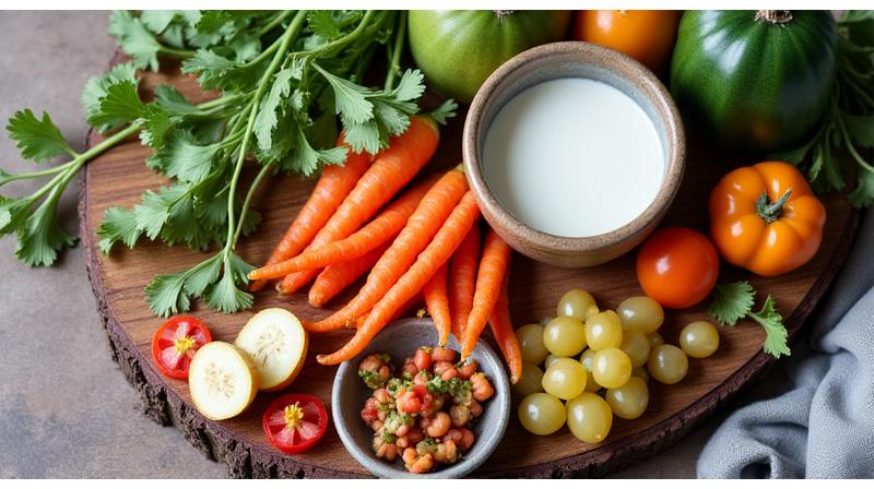 Alimentos fermentados y probióticos en un entorno de cocina rústica, simbolizando salud intestinal