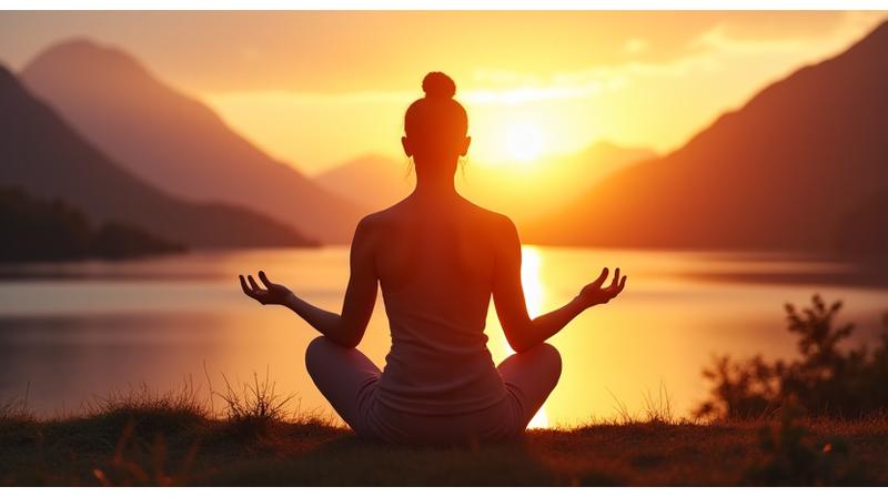 Persona meditando al atardecer en un entorno sereno, simbolizando mindfulness