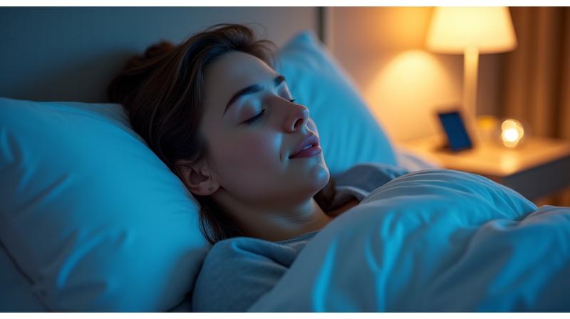 Persona durmiendo plácidamente en una cama cómoda, con luz azul suave, simbolizando sueño reparador