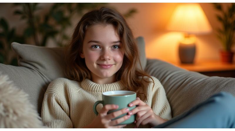 Persona joven relajándose en un sofá con una taza de té, en un ambiente acogedor y con luz suave