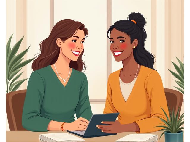 Ilustración de un coach y un cliente hablando felizmente, representando coaching de salud personalizado