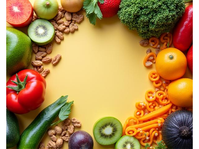 Ilustración de alimentos saludables y una nutricionista, representando consejería nutricional
