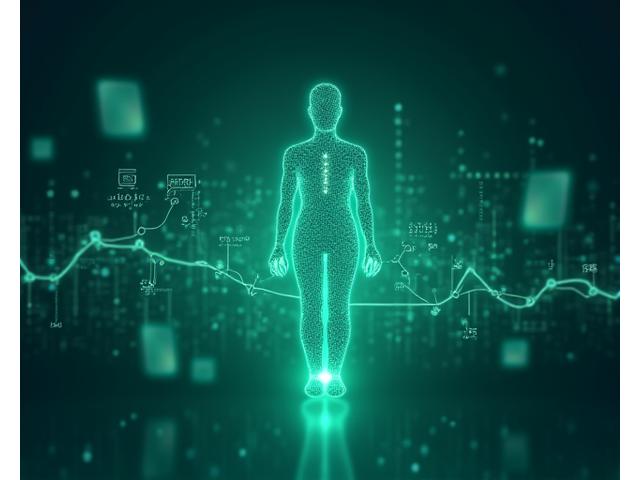 Ilustración de una persona en una balanza con gráficos de datos, representando evaluaciones de salud y biométricas
